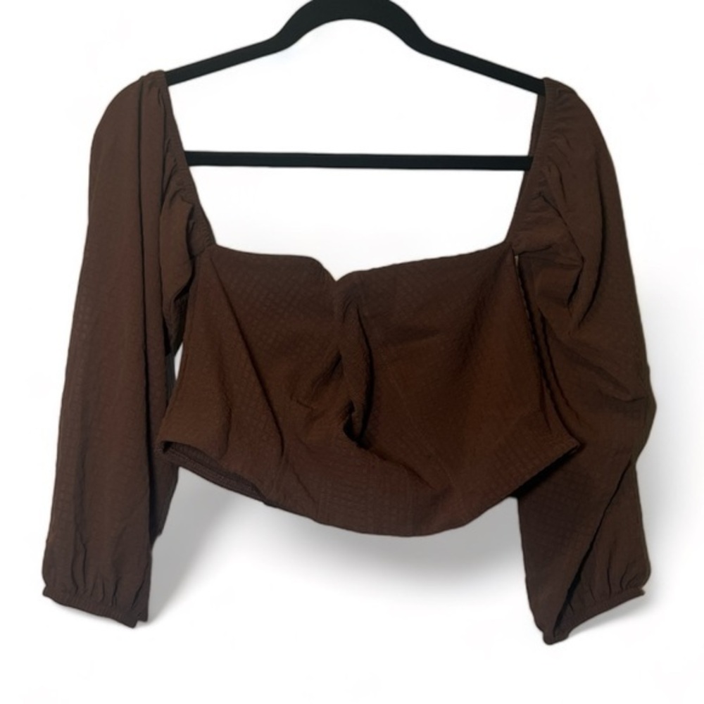 Wild Fable Women‎ XL Brown Cropped Strapless Smocked Flare Sleeve Corset Blouse